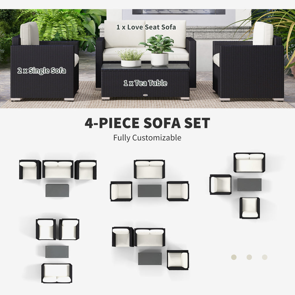 4 Pieces Rattan Sofa Set Wicker Patio Sofa Set with Loveseat Chairs Glass Top Coffee Table for Garden Outdoor Cream