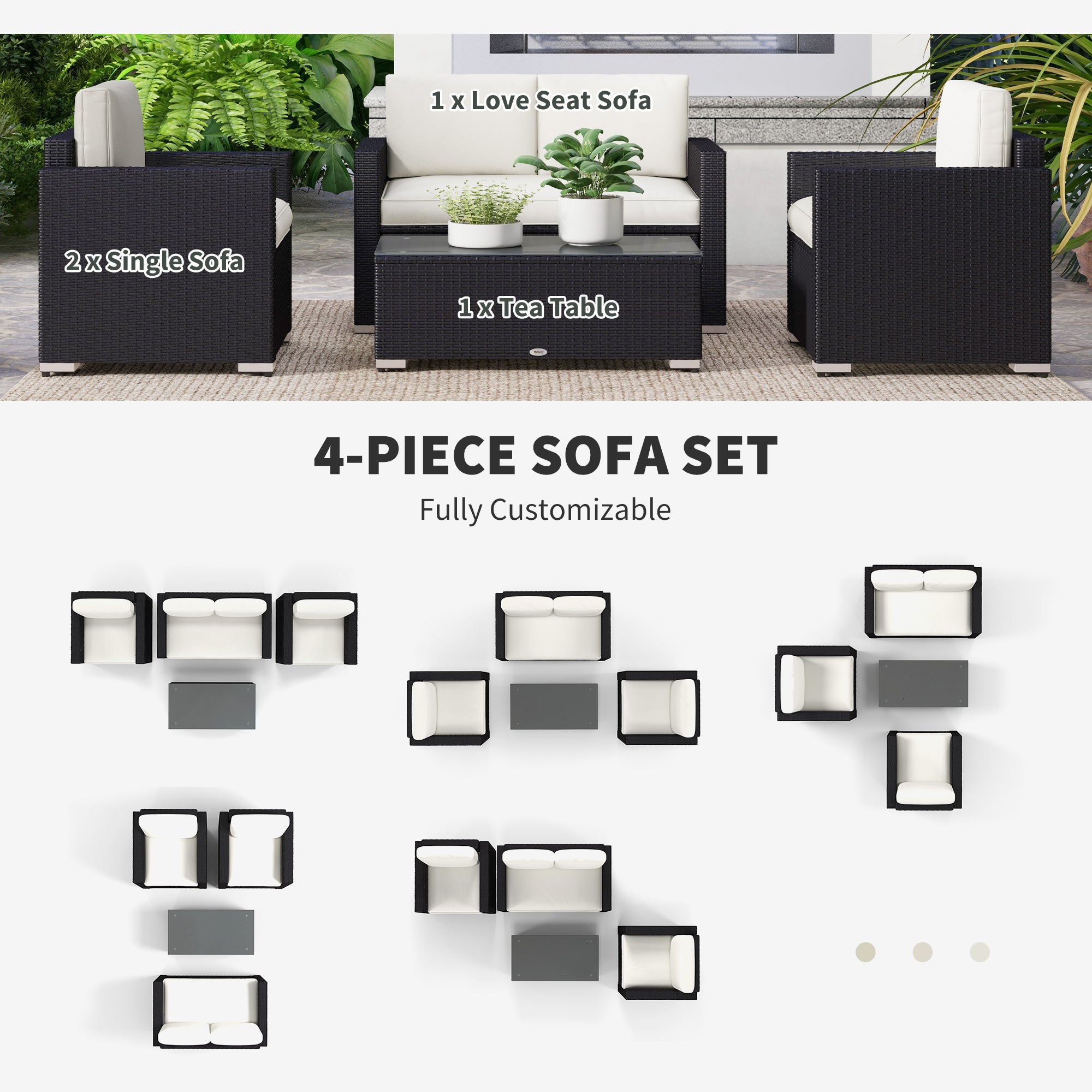 4 Pieces Rattan Sofa Set Wicker Patio Sofa Set with Loveseat Chairs Glass Top Coffee Table for Garden Outdoor Cream