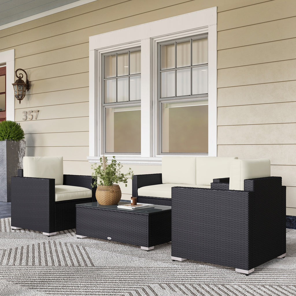 4 Pieces Rattan Sofa Set Wicker Patio Sofa Set with Loveseat Chairs Glass Top Coffee Table for Garden Outdoor Cream