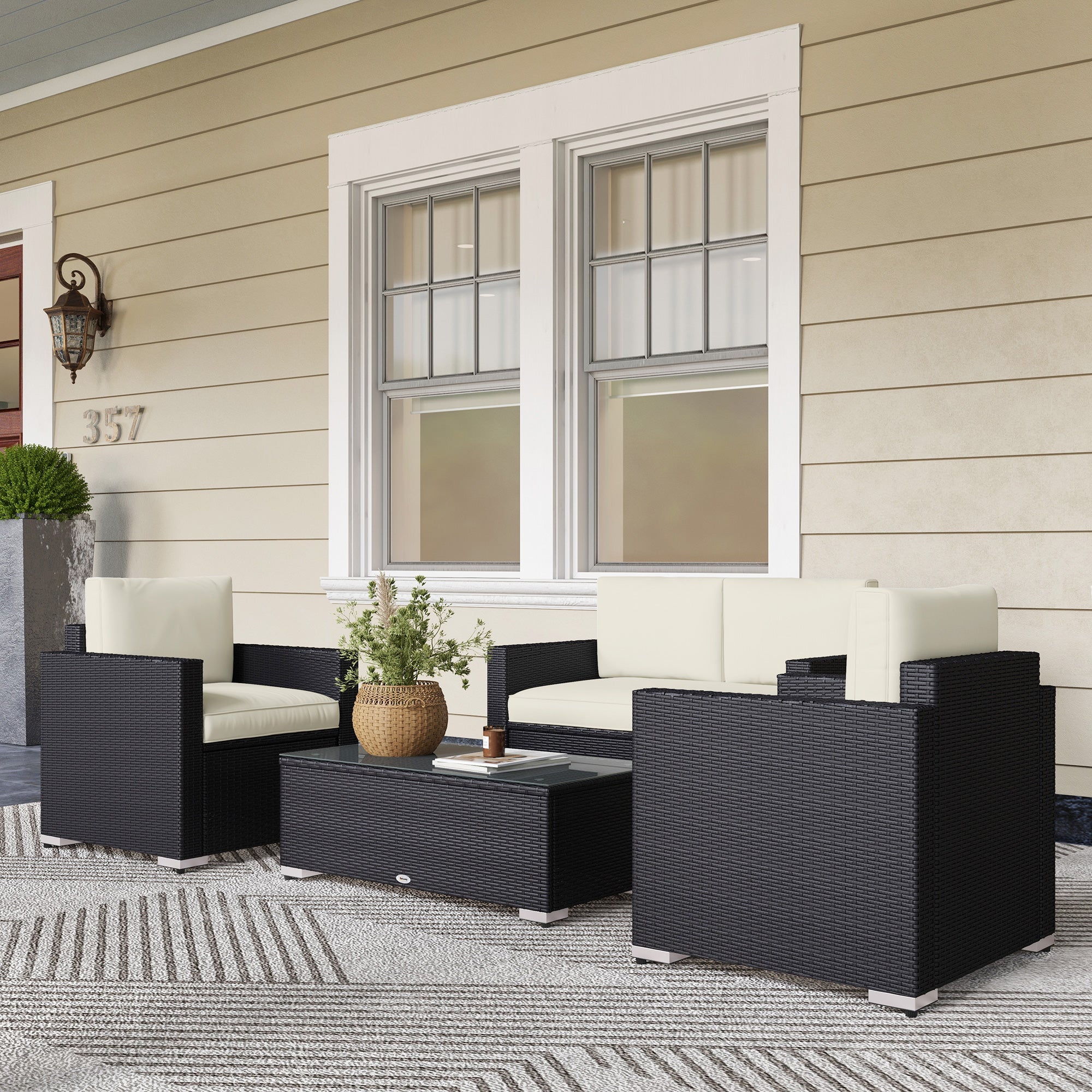 4 Pieces Rattan Sofa Set Wicker Patio Sofa Set with Loveseat Chairs Glass Top Coffee Table for Garden Outdoor Cream