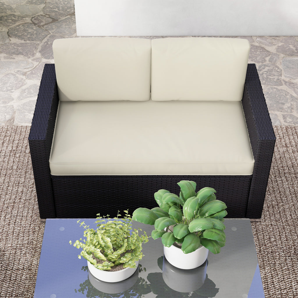 4 Pieces Rattan Sofa Set Wicker Patio Sofa Set with Loveseat Chairs Glass Top Coffee Table for Garden Outdoor Cream