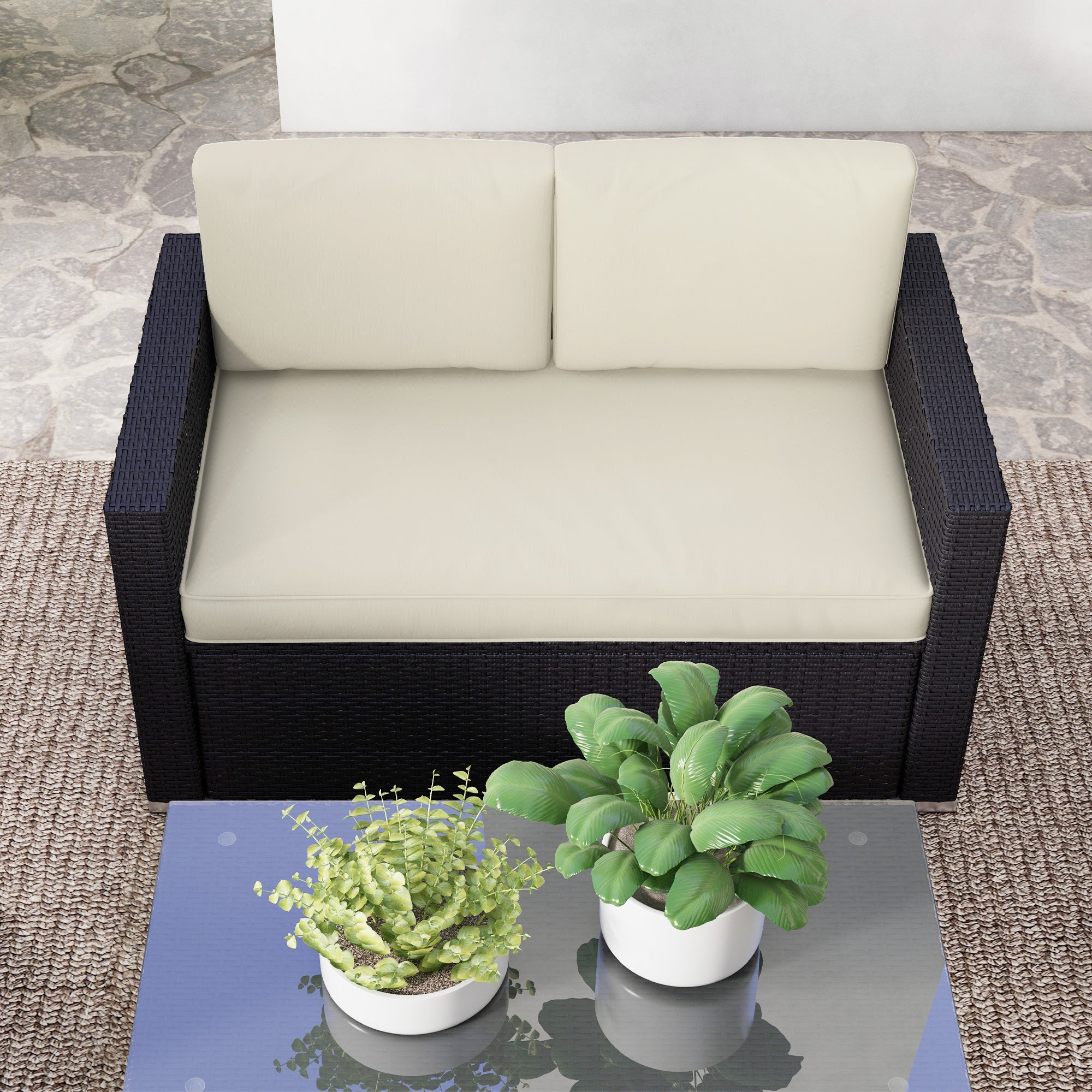 4 Pieces Rattan Sofa Set Wicker Patio Sofa Set with Loveseat Chairs Glass Top Coffee Table for Garden Outdoor Cream