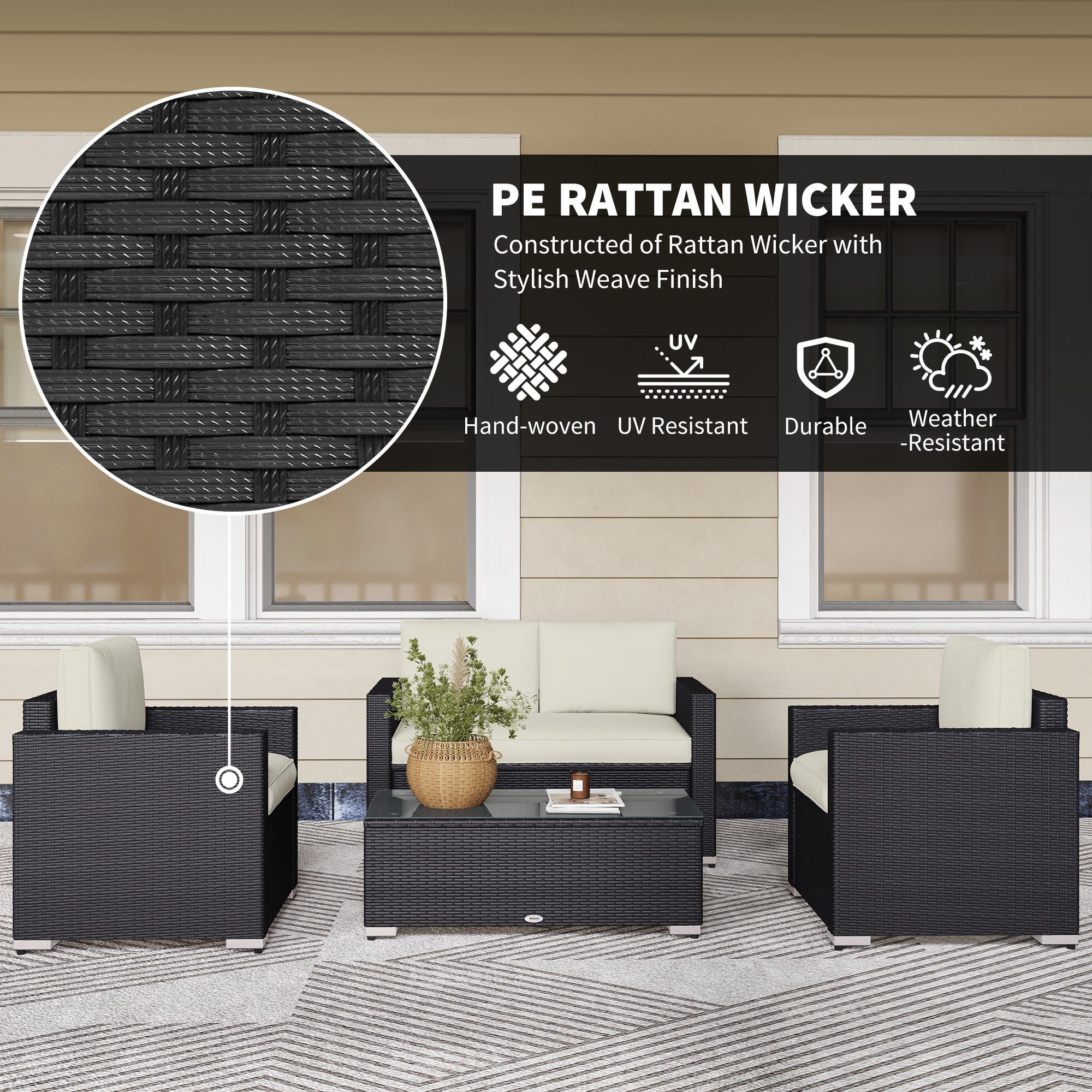 4 Pieces Rattan Sofa Set Wicker Patio Sofa Set with Loveseat Chairs Glass Top Coffee Table for Garden Outdoor Cream