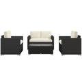 4 Pieces Rattan Sofa Set Wicker Patio Sofa Set with Loveseat Chairs Glass Top Coffee Table for Garden Outdoor Cream
